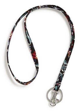 Vera Bradley Floral Black Fabric Lanyard with Silver Hardware and Purple Minky